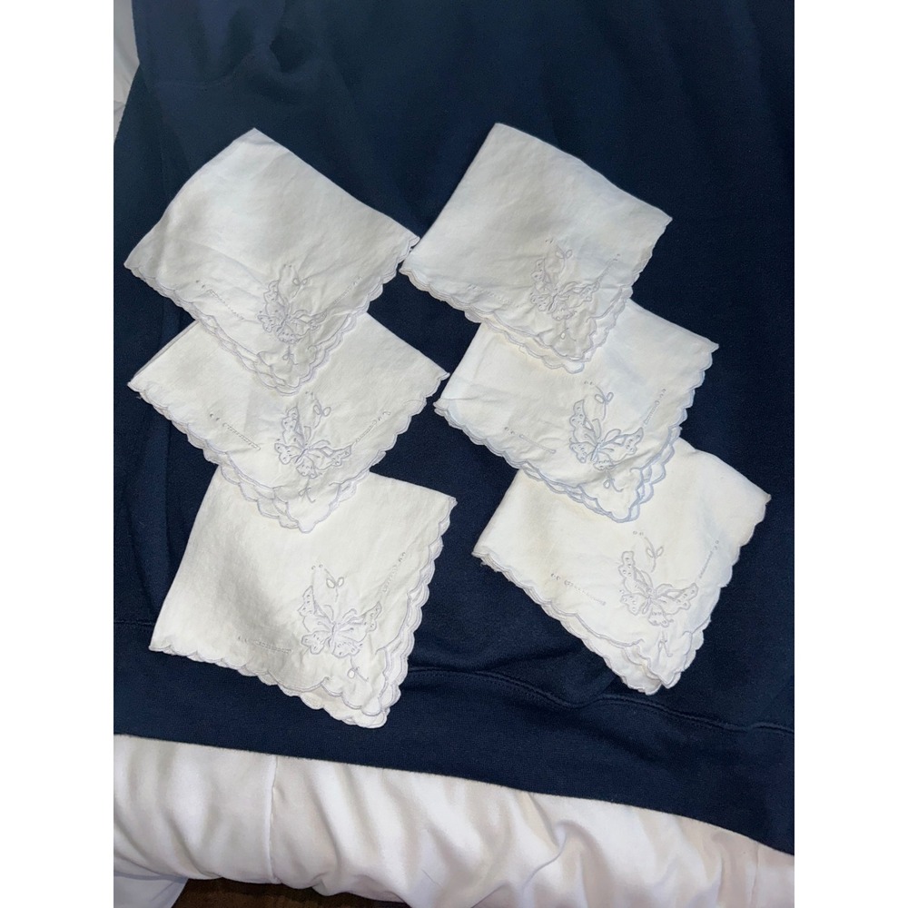 Vintage White Linen Handkerchief Set 6 Butterfly Embroidered Scalloped Edge 11in